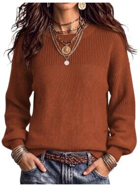Cotton Blend Chunky Knit Sweater Loose Fit Crew Neck Pullover